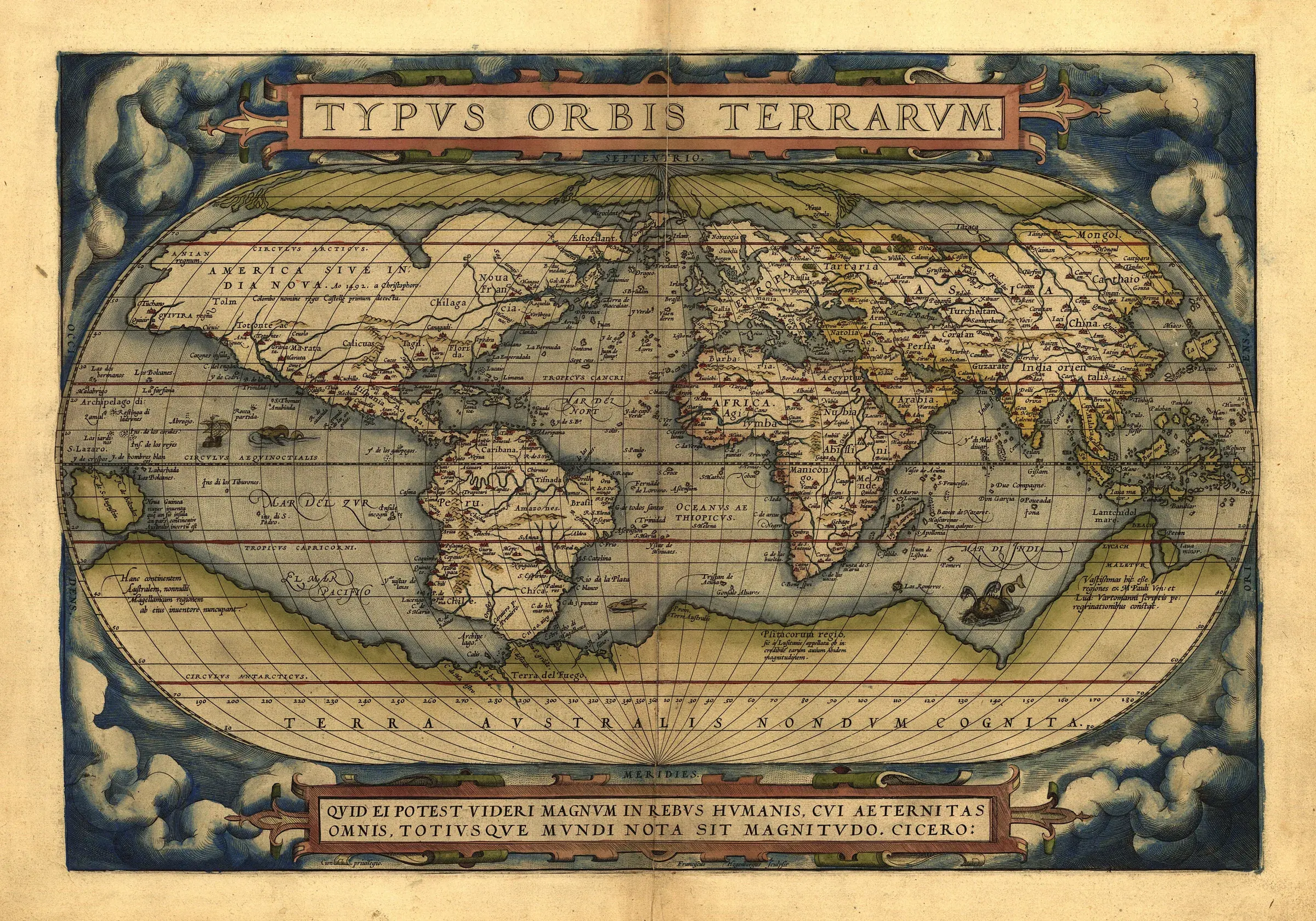 Antique world map Typus Orbis Terrarum by Abraham Ortelius, with hand-colored continents and a frame of clouds